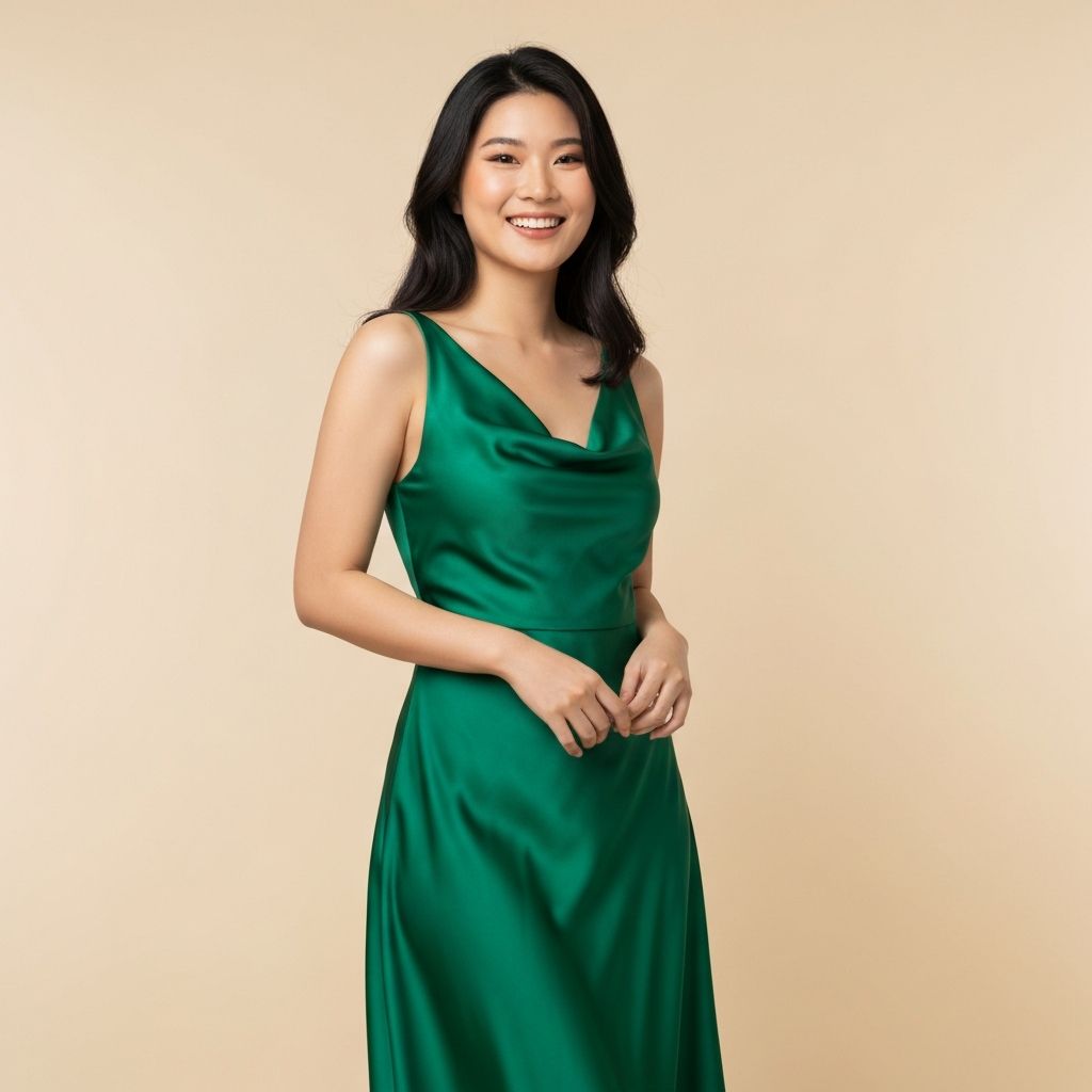 Woman in emerald green satin dress
